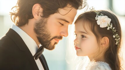 A father whispering words of encouragement to his daughter before a big event, instilling confidence.