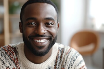 Happy african man looking at camera indoors at home   Focus on his face