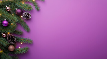 Wall Mural - christmas tree branches and decorations on purple background