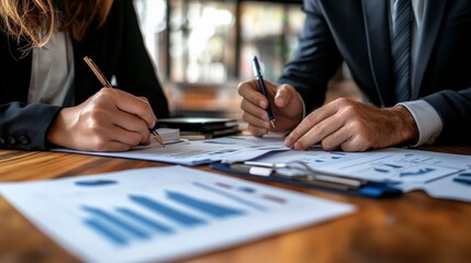 Two professionals reviewing financial documents and charts during a work meeting in a modern office setting.