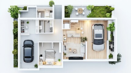 Wall Mural - Top-Down View of a Modern Home with Two Cars in the Garage