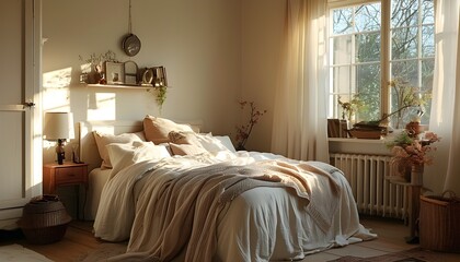 Serene pastel hues in a warm, sun-drenched bedroom adorned with soft furnishings and vintage accents