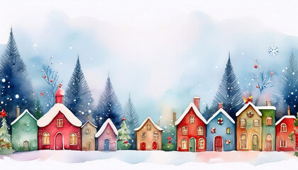 Poster - Christmas background featuring holiday decorations and multiple houses, copy space on a side, watercolor art style