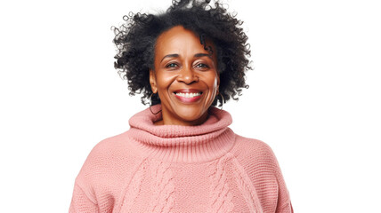 Mature African American woman smiling and wearing a cozy sweater on transparent background PNG. 
