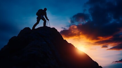 mountain peak, challenge, adventure, determination, natural beauty, close up, focus on, copy space, cool tones, dramatic lighting, Double exposure silhouette with a climber