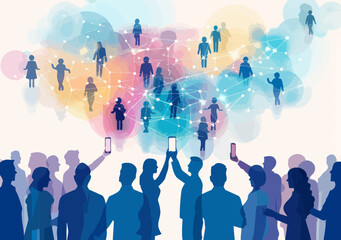 Poster - Vibrant Social Network Connection Concept with Silhouetted People and Mobile Devices Illustrating Online Community and Digital Communication