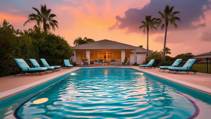 swimming pool at sunset