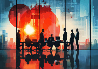 Poster - Minimalistic Business Team Meeting in Modern Office with Futuristic Skyline Art and Sunset, Collaborative Professional Setting and Teamwork Concept Illustration