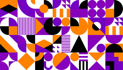 Poster - Abstract modern Halloween pattern background for holiday, vector geometric shapes. Halloween pattern background of orange, purple and black mosaic simple figures and shapes for horror night holiday