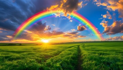 Vibrant rainbow spanning a lush green field under a golden sunset glow