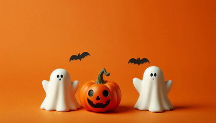 Halloween ghosts with funny pumpkin on empty orange flat background. Happy halloween holiday concept