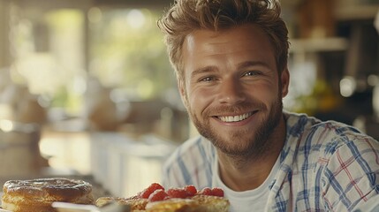 Poster - Tech-savvy influencer using a smart home device while preparing breakfast in a bright modern kitchen The integration of technology into everyday life is highlighted in a relatable way Large space for