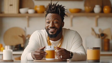 Poster - Tech-savvy influencer using a smart home device while preparing breakfast in a bright modern kitchen The integration of technology into everyday life is highlighted in a relatable way Large space for