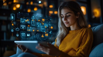 Aufkleber - Close-up of a tech influencer managing a smart home system from a tablet while relaxing on a modern couch Bright environment and clean lines focus attention on the simplicity of tech use Large space
