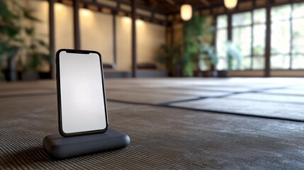 Poster - Influencer demonstrating a guided meditation app on a smartphone in a peaceful indoor setting A clean uncluttered background focuses attention on the use of wellness technology Large space for text