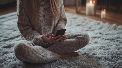 Poster - Influencer demonstrating a guided meditation app on a smartphone in a peaceful indoor setting A clean uncluttered background focuses attention on the use of wellness technology Large space for text