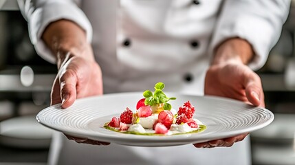 Poster - Food influencer serving a beautifully plated dish in a stylish restaurant setting The table is elegantly set with diverse cuisine and cultural elements enhancing the aesthetic Large space for text in