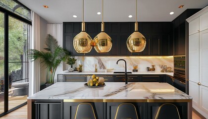 Wall Mural - interior of a kitchen, modern living room, contemporary, chic kitchen featuring stylish black and white cabinets, golden fixtures, and marble tiles., interior with kitchen