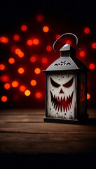 Wall Mural - Scary halloween lantern with evil eyes and face on a rustic wood table with a spooky dark red background with faint light bokeh