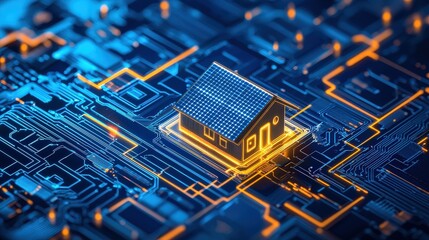 Wall Mural - Illustration of an IoT network managing a smart home energy system with solar panels and batteries