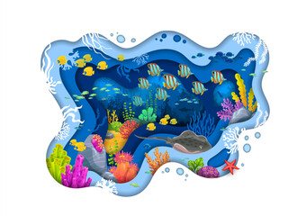 Wall Mural - Sea paper cut underwater landscape with manta ray, fish shoals, seaweeds and corals, vector background. Undersea landscape in paper cut, ocean coral reef animals, squid and shark with tropical fishes