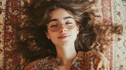 A young woman with long brown hair and round glasses lies on a patterned rug, smiling softly.