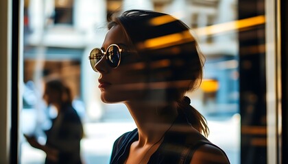 Wall Mural - Anonymity in Urban Life: A Blurry Silhouette Reflected in Storefront Window