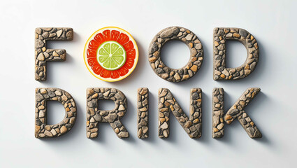 Food and Drink word made of stone material lettering on plain white background