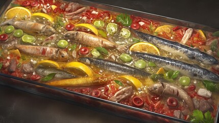 Baked Mackerel with Tomatoes, Onions, and Lemon Slices