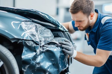 Wall Mural - Expert mechanic conducting professional car body repair on a clean white background