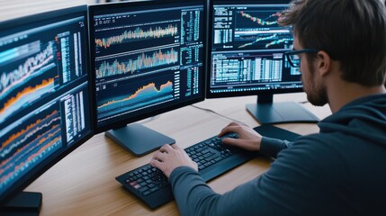 Poster - A man sitting at a desk with three monitors displaying financial data, AI