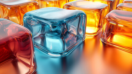 Close-up of colorful glass cubes reflecting light.