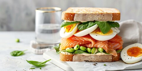 Canvas Print - Sandwich with Salmon and Crab Meat, Boiled Egg, Avocado, Basil, and Mung Bean Salad Accompanied by a Glass of Water on a Light-Colored Table