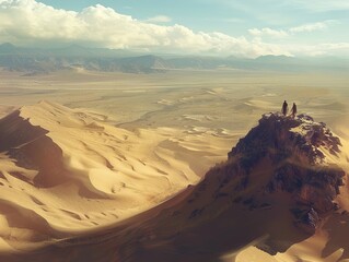 Canvas Print - Desert Landscape with Two Figures on a Mountaintop