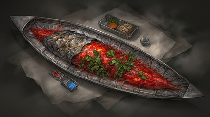 Wall Mural - Roasted Salmon Served on a Silver Platter with Garnishes