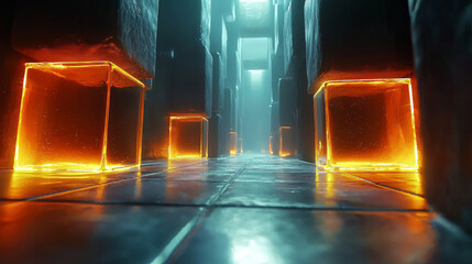 Glowing orange cubes line a futuristic corridor.