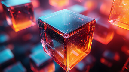 A close-up of a glass cube with a glowing orange and blue interior.