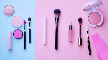 Professional decorative cosmetics, make-up products and accessories on color background, minimal style. Good beauty, fashion, visage and shopping blogger concept