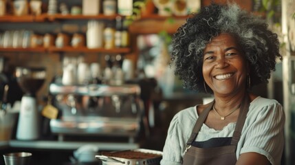 Wall Mural - Portrait of happy adult african american female barista in cafe