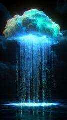 Wall Mural - a digital cloud pours shimmering data into a digital lake, with light trails reflecting on the surfa
