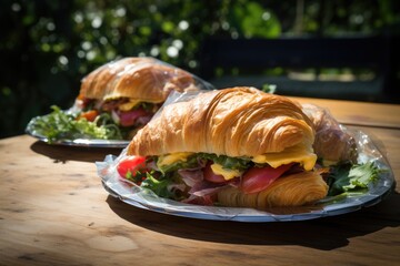 Wall Mural - Croissant Sandwiches: Highlight croissant sandwiches with various fillings, set against the charm of a village picnic area.