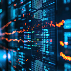 A close-up of a digital screen displaying complex stock market data with glowing orange and blue lines. The graphs represent financial trends, market analysis, and real-time trading updates.