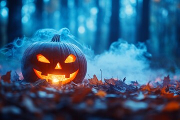 Eerie halloween scene featuring glowing jack o  lantern and autumn leaves in mystic blue light