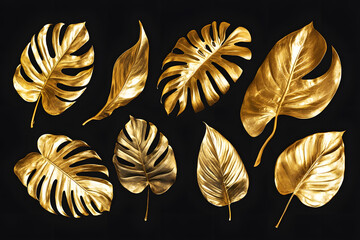 Sticker - Set of golden tropical monstera leaves isolated on black background