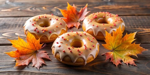 autumn-hued maple leaf cutouts adorn a trio of fluffy glazed donuts on a wooden surface, evoking coz