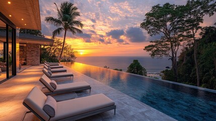 Canvas Print - Sunset View from Luxury Villa with Infinity Pool