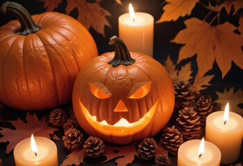 Halloween pumpkins with candles and leaves on dark background, closeup