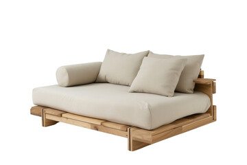 Cozy wooden sofa with soft cushions, perfect for relaxing and enhancing home decor in modern living spaces.