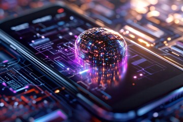 Poster - Futuristic smartphone with illuminated circuitry and a glowing orb, representing advanced technology and digital innovation.