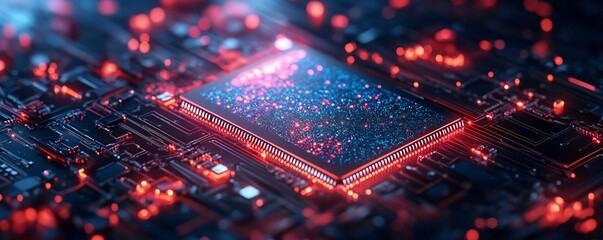 Poster - A close-up view of a futuristic microchip glowing with colors, showcasing intricate circuit designs and dynamic light patterns.
